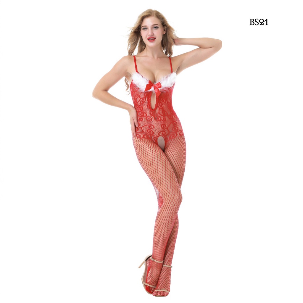 [ NEW ARRIVAL ] BODY STOCKING SEXY LINGERIE OPEN CROTCH MOTIF MERAH BS21