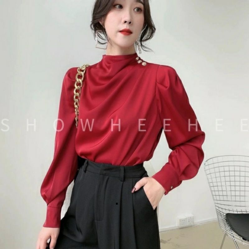 MDLV ~ 2163# Athena Button Shoulder Top Blouse Premium Blouse Korea Blouse Import Atasan Lengan Panjang Fashion Import