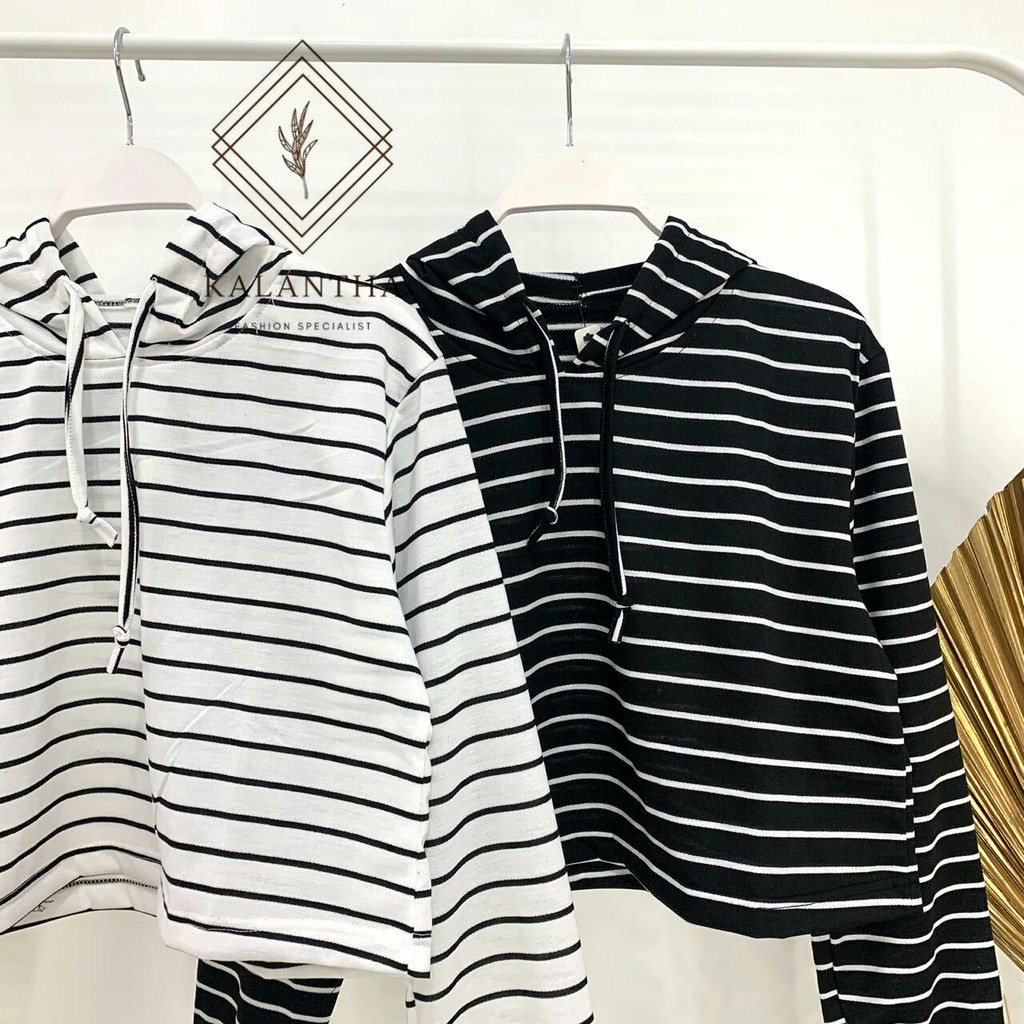 SALE !! KALANTHA FASHION Crop Tee Salur Hoodie Wanita Kekinian All Size-4