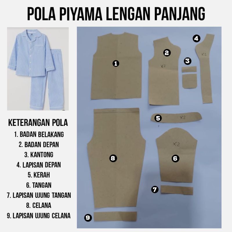 Pola piyama wanita dewasa,lengan pendek dan panjang