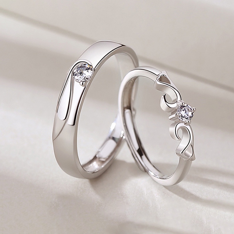 Cincin Model Terbuka Desain Sayap Malaikat Bahan Zircon Warna Silver Untuk Pria Dan Wanita