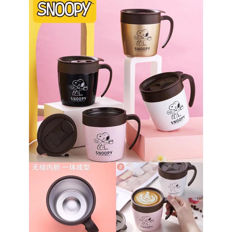 Mug stainless tutup gagang 400ml seri Snoopy gold
