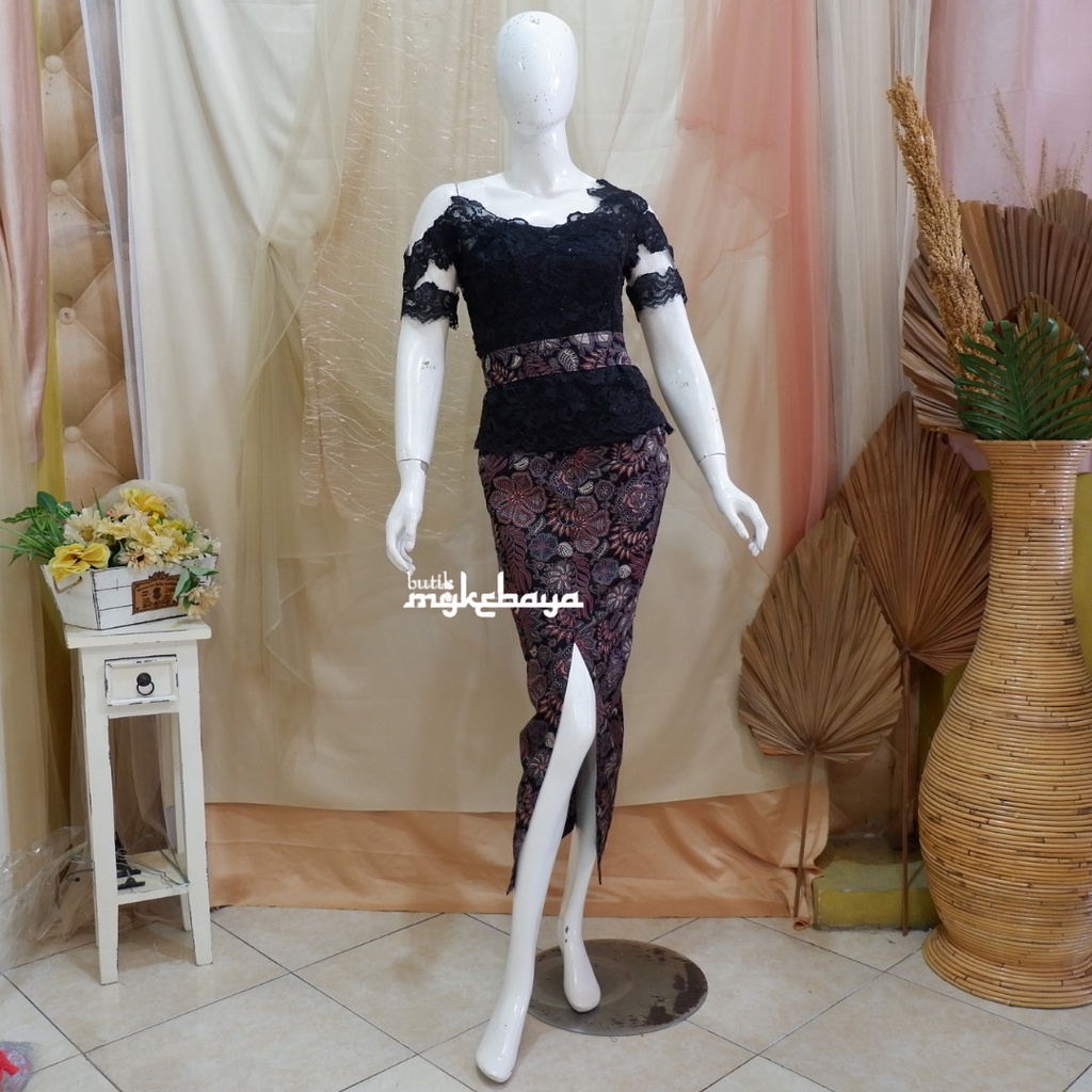 PD422 Setelan Kebaya Sabrina Brokat Modern Pendek dan Ikat Pinggang/ Setelan Kebaya Rok Batik Span B