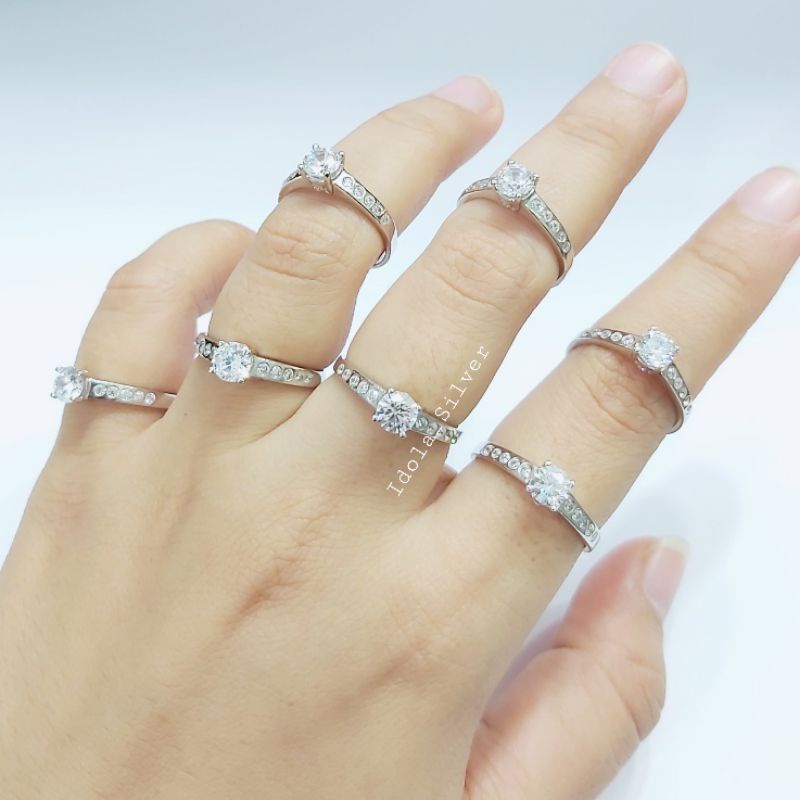 CINCIN PERAK ASLI SILVER WANITA 925 LAPIS EMAS PUTIH MODEL SOLITER PERMATA - PERHIASAN PERAK ASLI