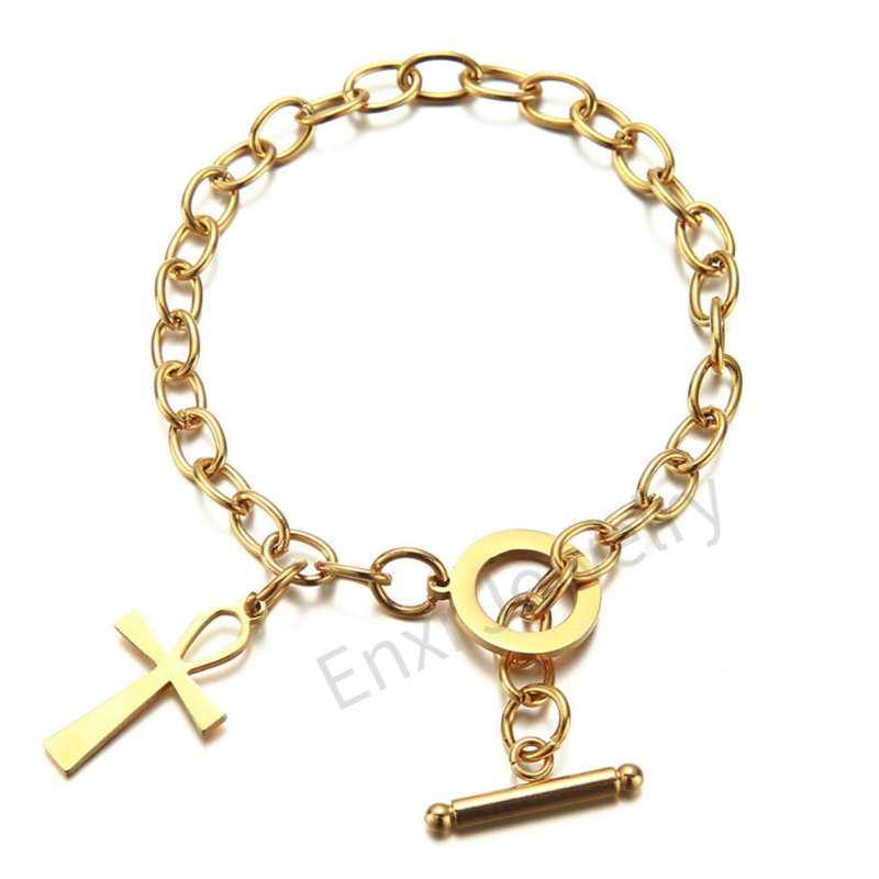 Gelang Stainless Steel Emas Yesus Kristus Sederhana Liontin Salib Gelang Baja Titanium B-22003