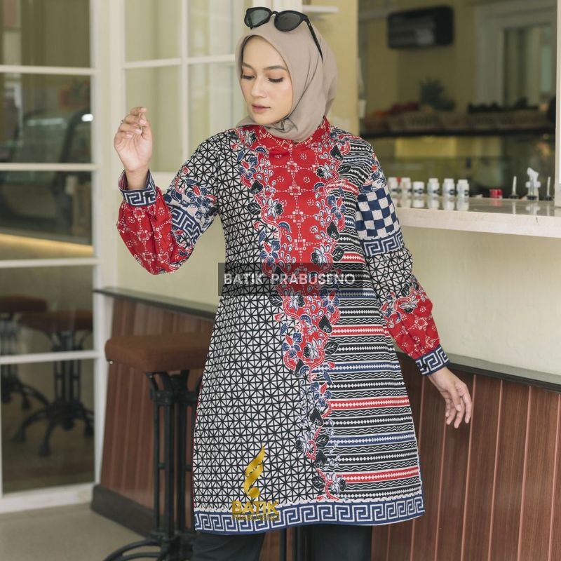 PRABUSENO // Tunik Wanita Motif Anjar Merah Batik Wanita Batik Printing Batik  Batik Wanita Modern B