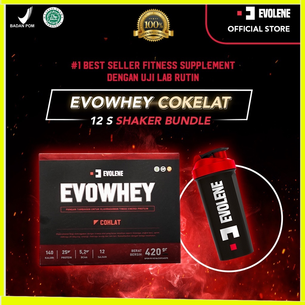 Whey Protein Coklat 456gr/12 Sachet + Shaker Merah - Suplemen fitness pembentuk Otot - Defisit kalori - Susu Protein - Suplemen Fitness - Minuman Protein - Suplemen Workout Evolene Evoline Evolen