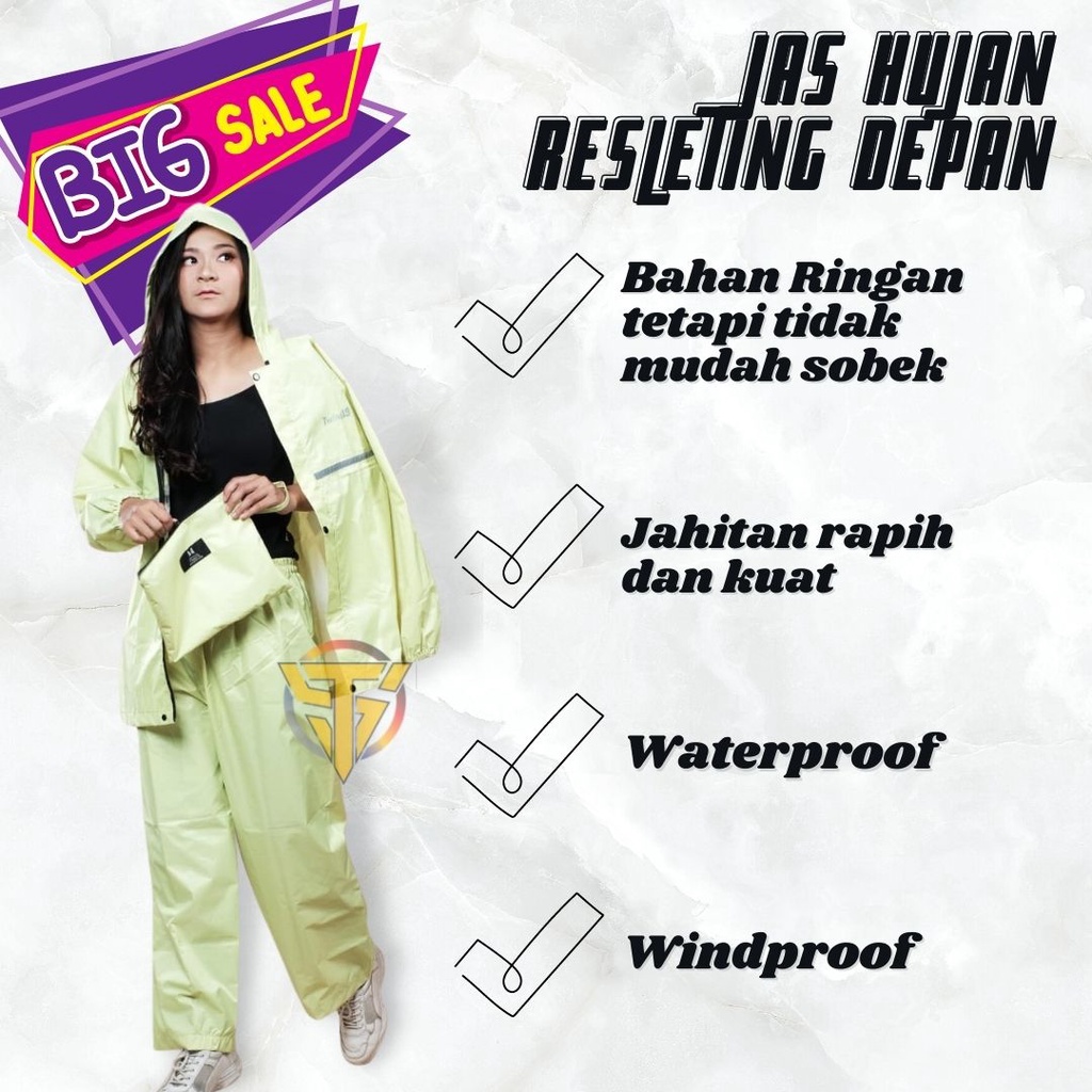 Jas Hujan TWINS19 Jas Hujan Sleting Depan Pria Wanita Dewasa Anti Air Bahan Taslan Import Raincoat