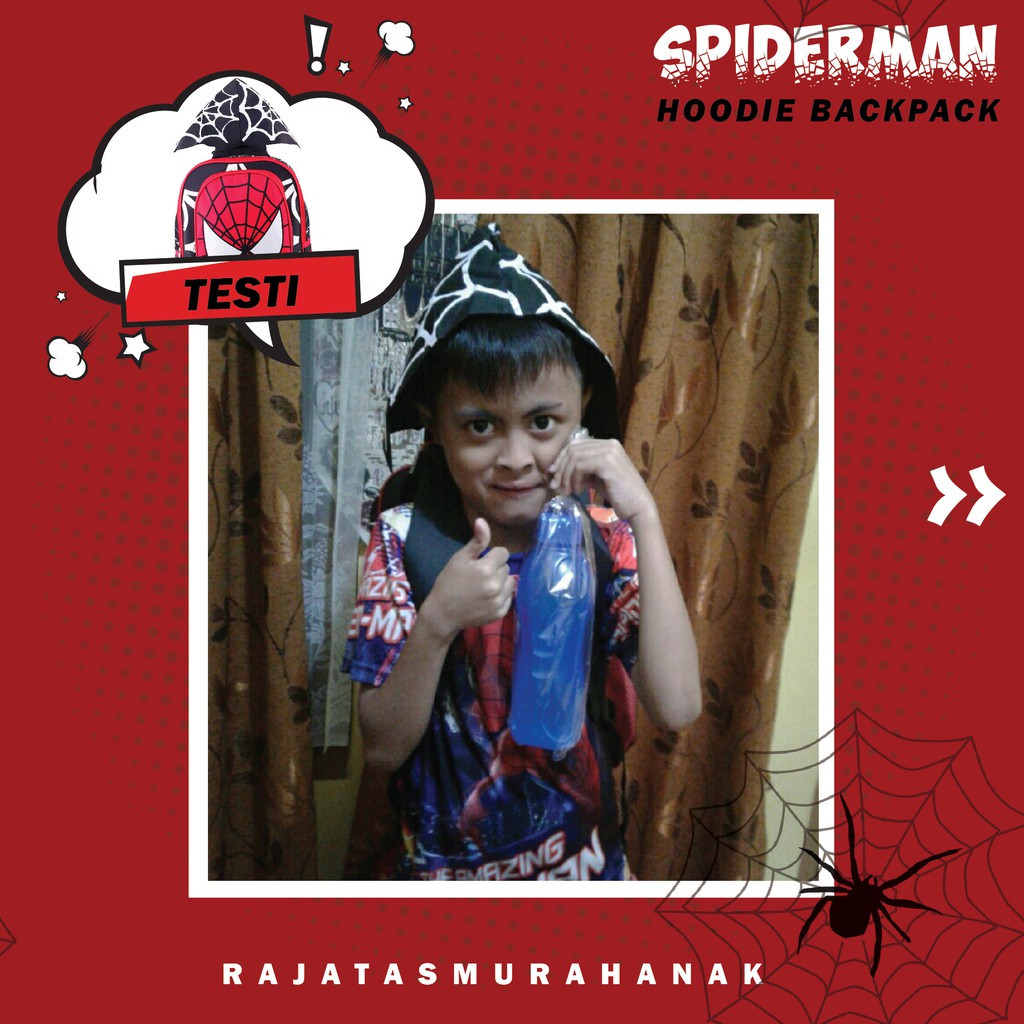 Tas Ransel Anak Laki Laki Karakter - Spiderman Hoodie.RTM / Bonus Tutup Kepala + FREE Botol Minum