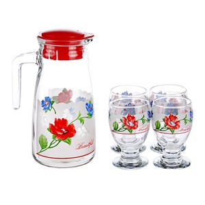 Set Teko Kaca Pitcher Tutup Merah + 4 Gelas Cantik