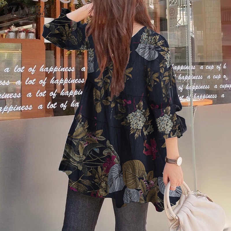 ZANZEA Womens Fashion Round Neck Puff Long Sleeve Floral Printing Casual Loose Blouse