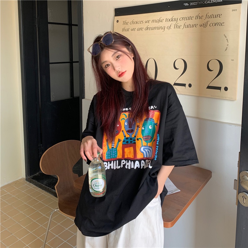 baju atasan wanita doodle abstract painting graphic printing t shirt korean style lengan pendek kaos hitam