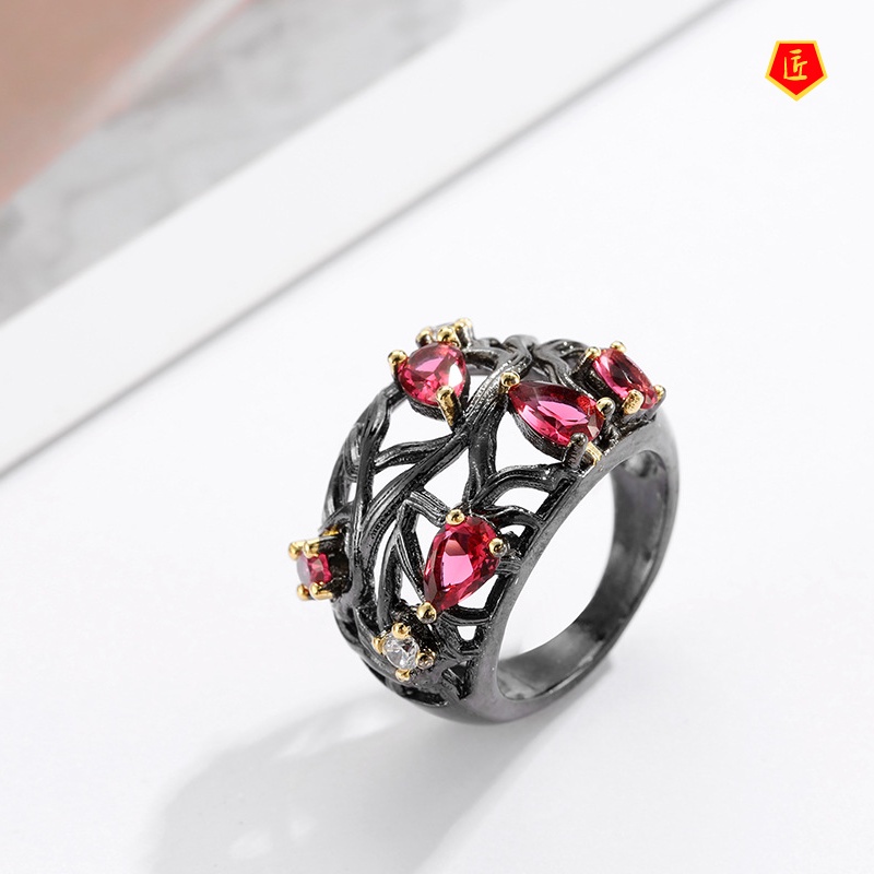 [Ready Stock]Ruby Diamond Black Gold Ring for Women