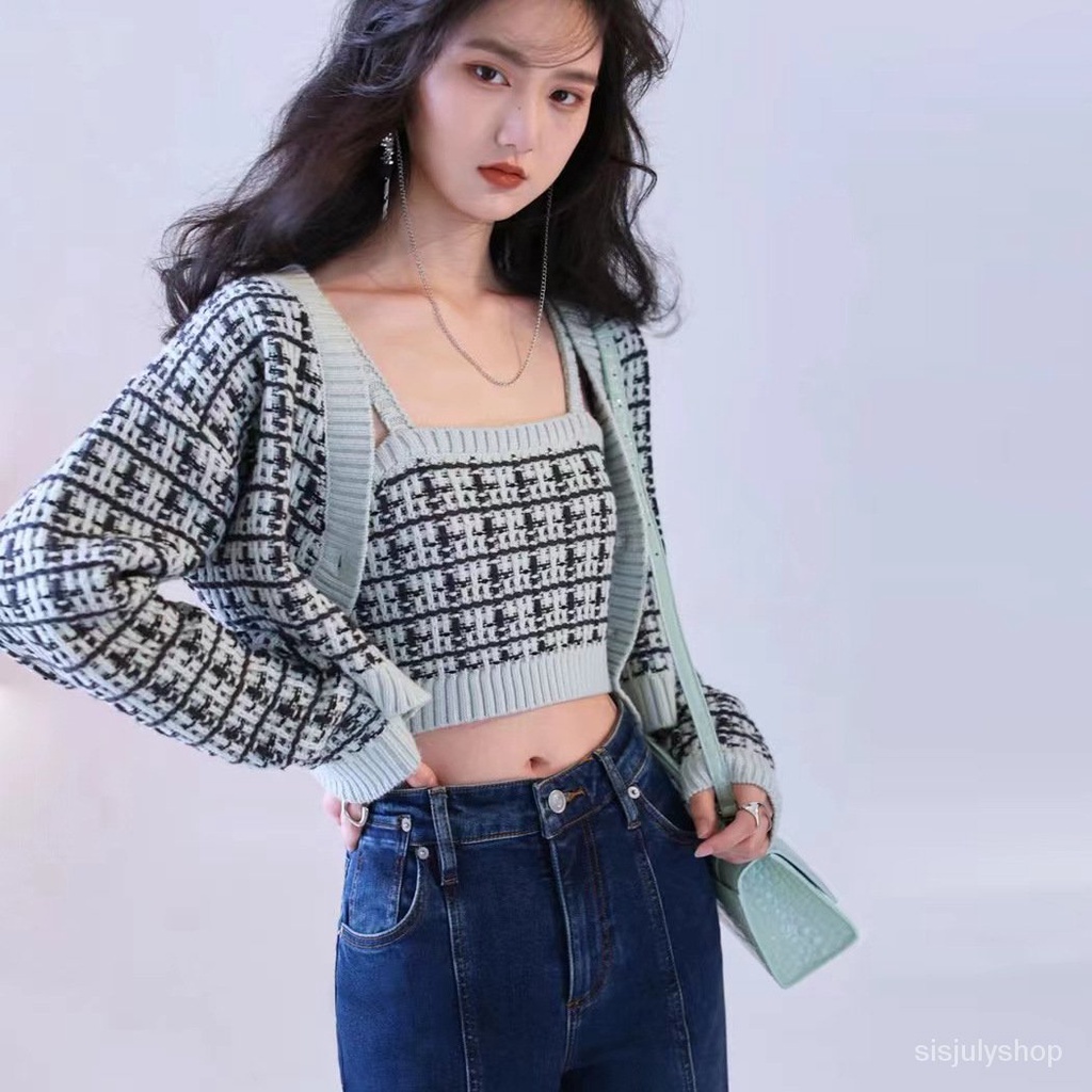 #Sisjuly# Pakaian Rajut Wanita Baru Kotak-kotak Pendek Lengan Panjang Rajutan Dua Potong Jaket Pakai