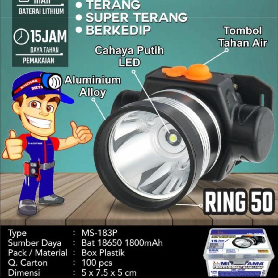 COD SENTER KEPALA HEADLAMP 50 WATT MITSUYAMA MS-183P CAHAYA PUTIH 50 WATT SUPER TERANG