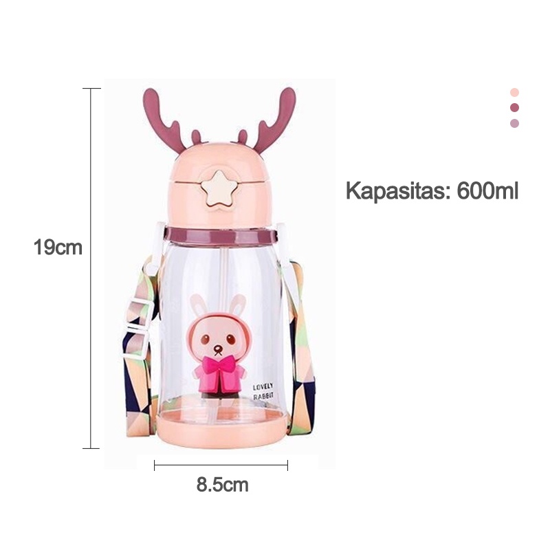 Botol minum/Botol Minum Anak Tanduk Rusa 600ml/Cangkir air kapasitas besar anak-anak, cangkir jerami bernilai tinggi, musim panas dengan lanyard/Cawan Antler  L204