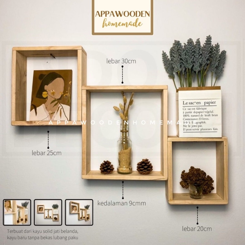 Rak Dinding Persegi / Dekorasi Minimalis / Rak Dinding Tempel Kayu / Rak Persegi / Hiasan Dinding