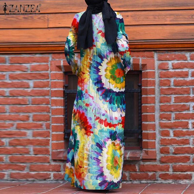 ZANZEA Women Long Sleeve Back Zipper Multi-Color Muslim Long Dress