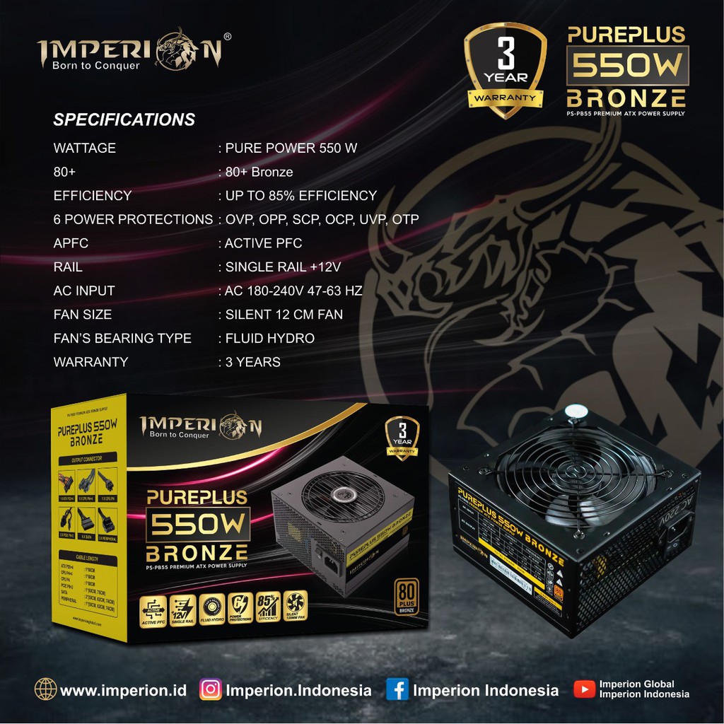 Power supply gaming imperion atx 550w 80 plus bronze 120mm fan pureplus Ps-pb55 - Psu pc cpu 550 watt 80+