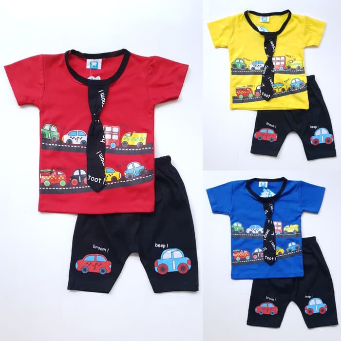 Baju Setelan Anak Cowok Laki Bayi Kaos Mobil Dasi Celana Hitam