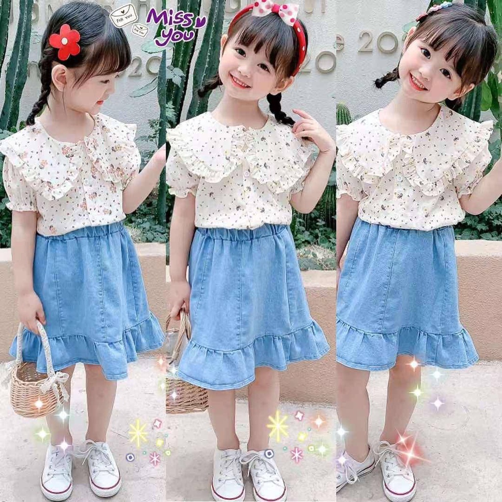 Setelan Levis Rok Anak Perempuan Motif bunga Dress Baju Anak motif  IMPORT 100% PREMIUM Quality GROS