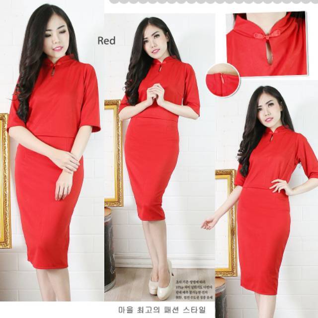Cheongsam CNY / Dress merah imlek kerah Shanghai / Gaun sangjit
