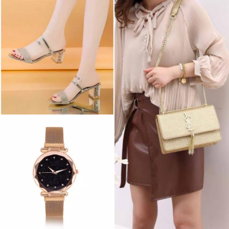 DIATA Set Triple Paket 3in1 Tas Jam Sandal Hak Tahu Wanita Model Terbaru