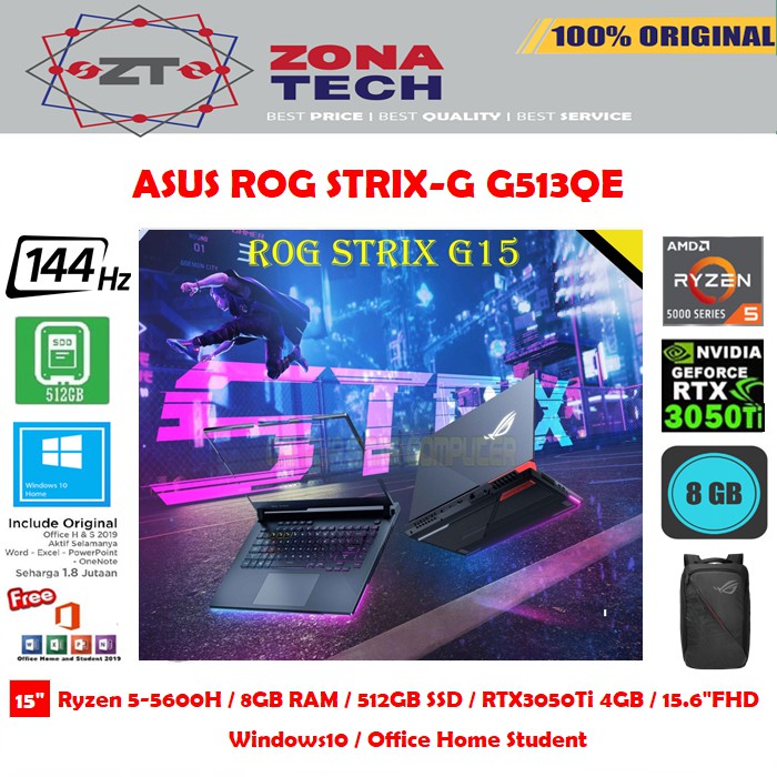 ASUS ROG STRIX-G G513QE - RYZEN 5-5600H - 8GB - 512SSD - NVIDIA RTX3050Ti 4GB - 15.6"FHD -W10-OFFICE