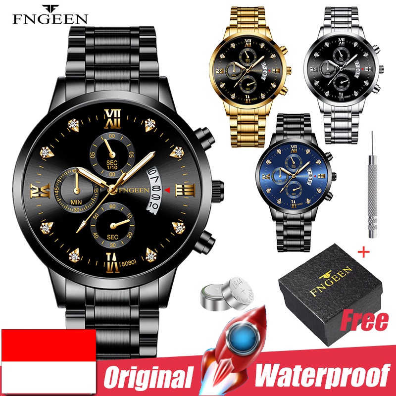 (COD)Jam tangan pria anti air Original fashion Watch Date Luxury Stainless Steel Kalender with box free battery jaam tangan pria arloji pria ready stock