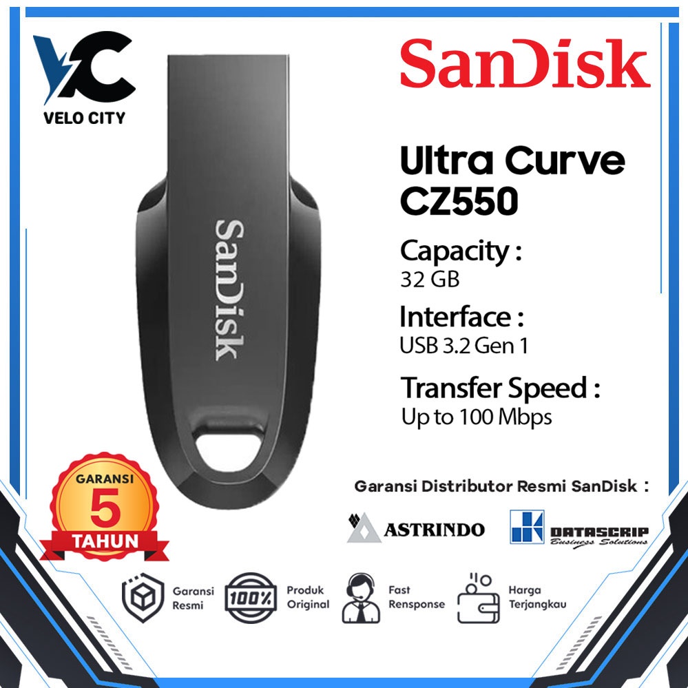 Flashdisk SanDisk 32GB USB 3.2 Ultra Curve CZ550 - Garansi Resmi 5 Tahun