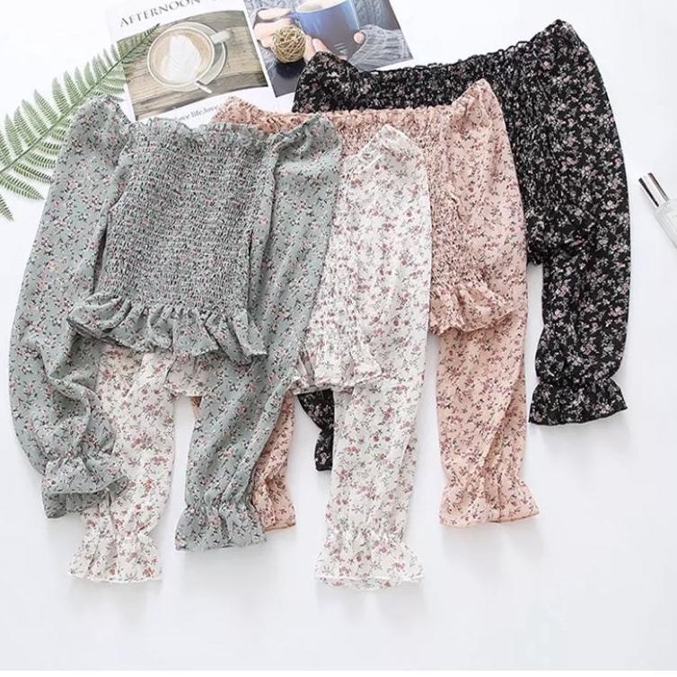 Sabrina Blouse Top Wanita Motif Daisy Bunga Import Korea Casual Sifon {BZ.14My22o}