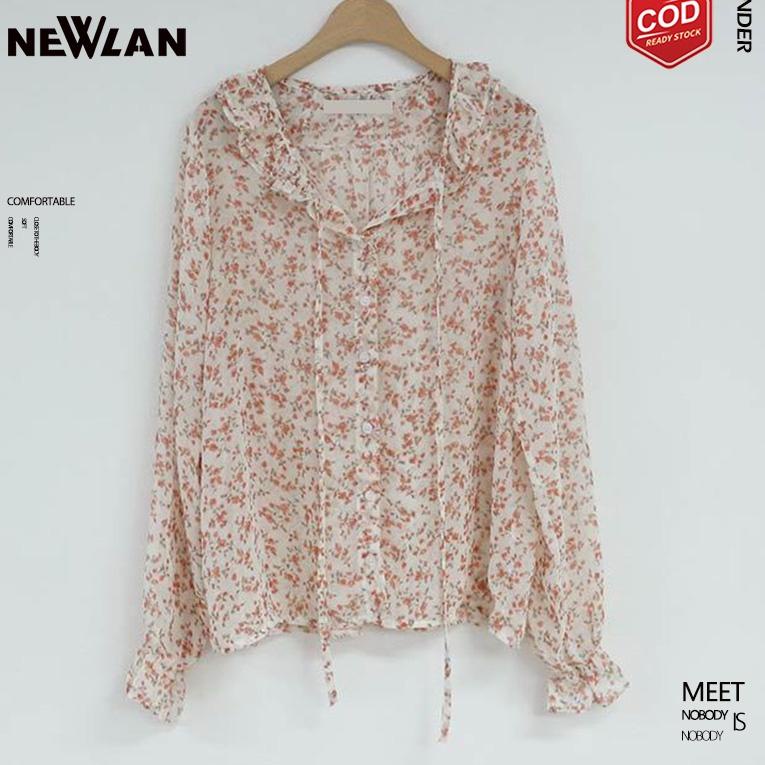 C73D Newlan XF008 Fashion Korea Style Lengan Panjang Blus Wanita Musim Panas Casual Blouse Motif Bun