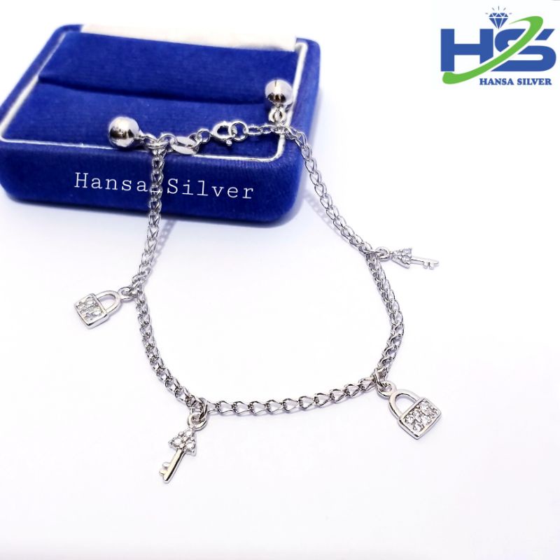 Gelang Tangan Perak Asli Silver 925 Lapis Emas Putih Rantai Victory Gantungan Love - Perak Asli