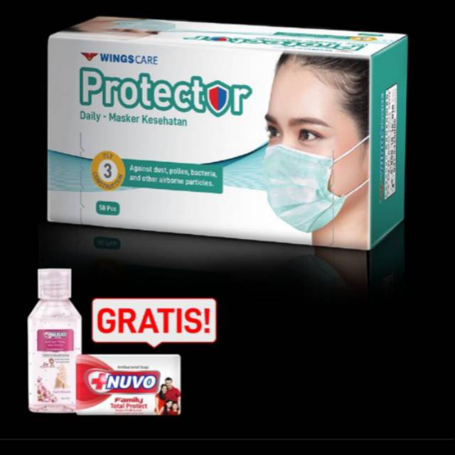 Paket Masker Medis Wings Care Protector, 3ply masker medis wingscare 50pcs