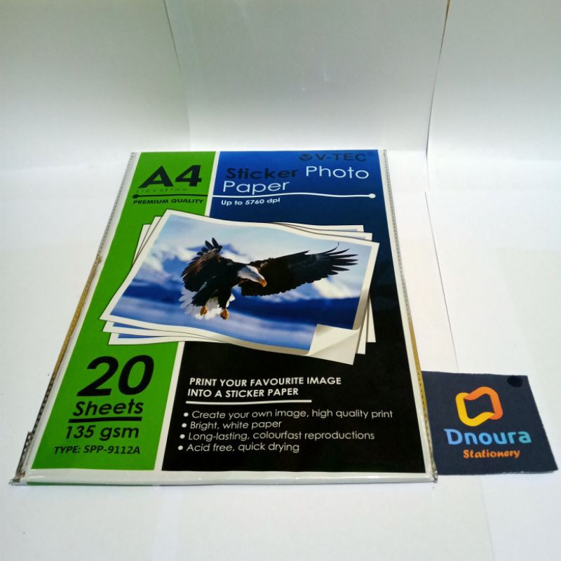

SATU PACK ( 20 LEMBAR ) Kertas Foto Stiker Glossy A4 V-Tec 135 Gsm