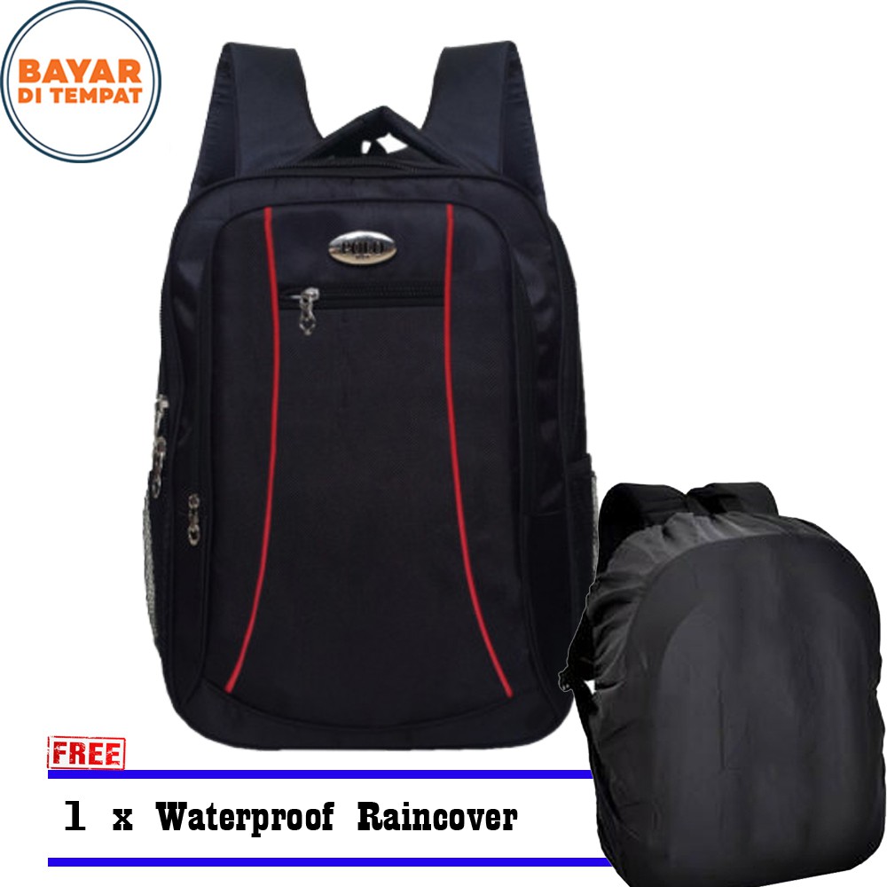 SHOPEE 6.6 SUPER SALE!! PoIo Tas Ransel Pria 17 Inch 2109 Polyester Waterproof - Black + Raincover