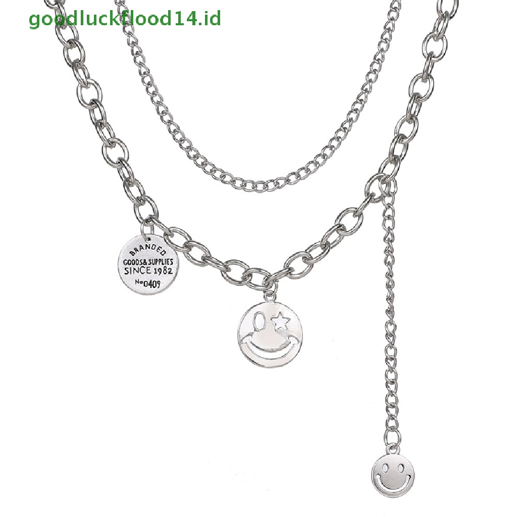 Kalung Rantai Panjang Multilayer Liontin Smiley Face Bahan Alloy Gaya Retro Hip-Hop Punk
