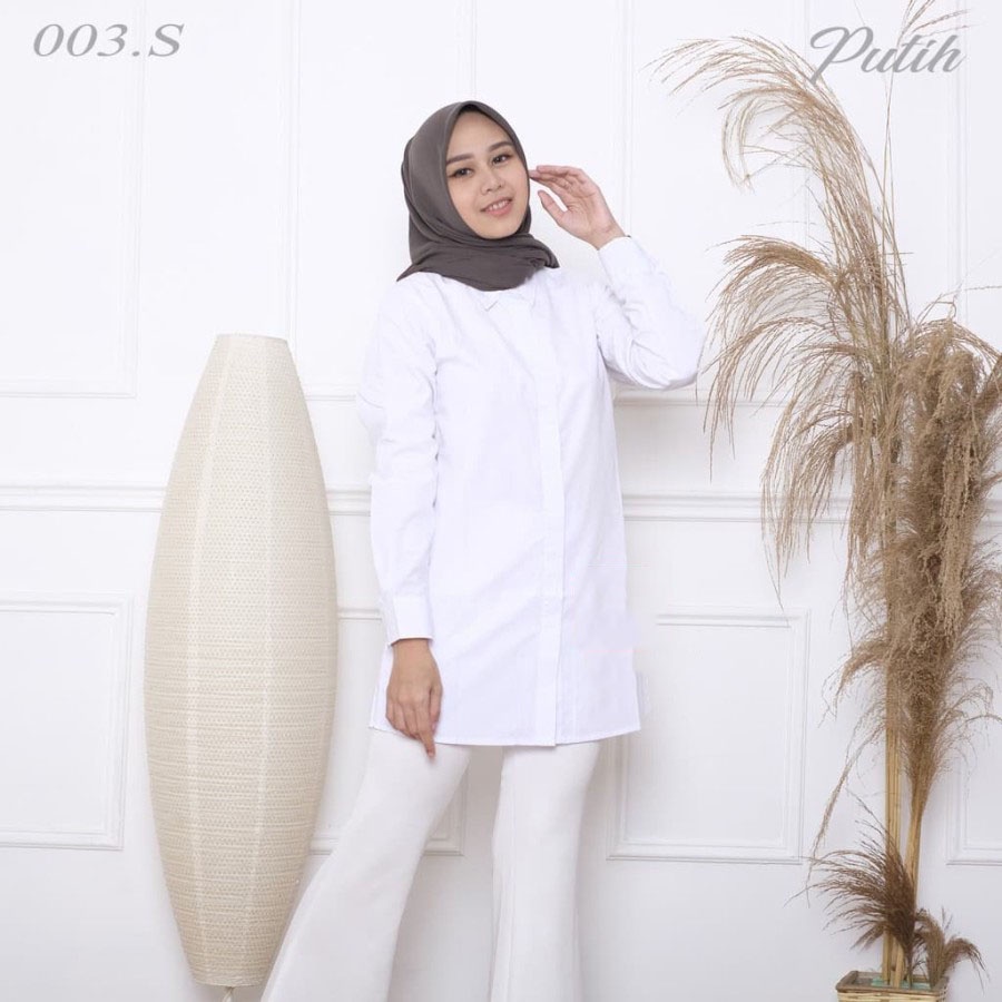 kemeja tunik putih polos panjang kancing tertutup nutupi pantat bokong wanita premium-  Tunik wanita