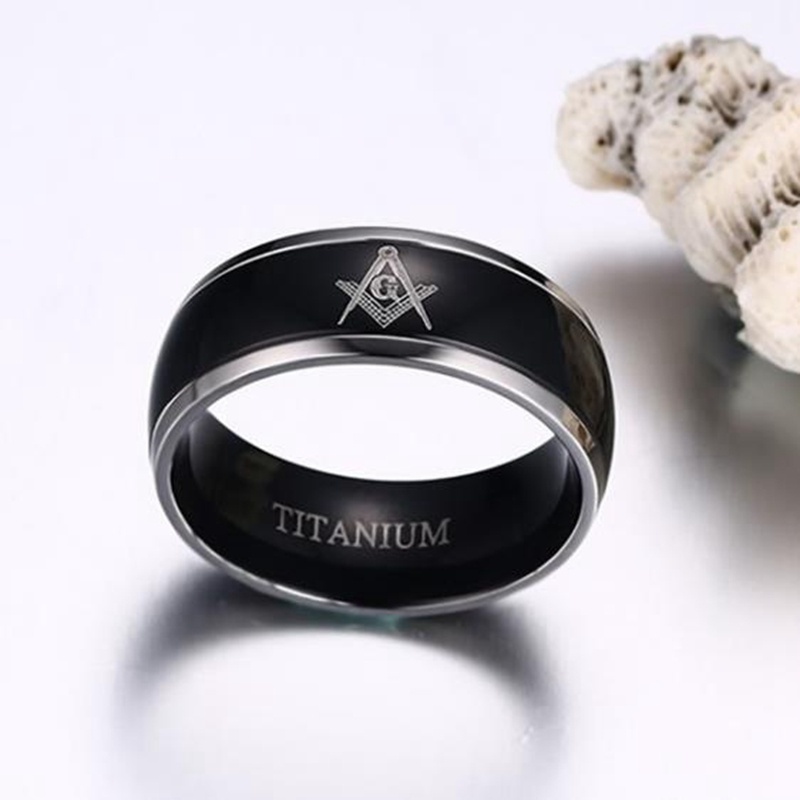 Cincin Masonic Kasual Bahan Stainless Steel Warna Hitam Ukuran 8mm Untuk Pria