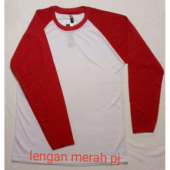 Kaos Raglan Putih Lengan Merah Panjang Pria/Wanita J94 Premium Harga Grosir