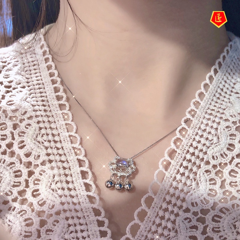 [Ready Stock]925 Silver Lock Wealth Lock Safe Little Bell Shape Pendant Blue Moonstone Necklace