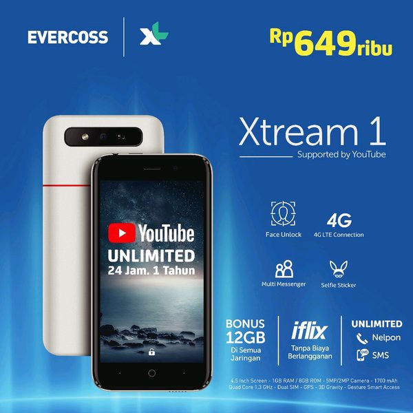 Evercoss Xtream 1 S45 / U6 Plus Ram 1GB Internal 8GB Garansi Resmi