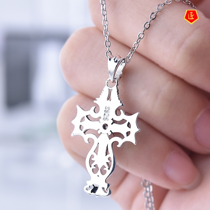 [Ready Stock]Creative Retro S925 Silver Black Cross Pendant Jesus Christ Diamond-Studded Necklace