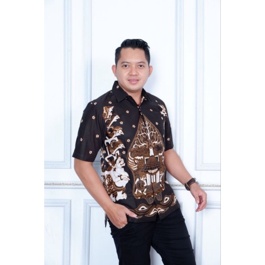 Kemeja Batik Pria Lengan Pendek Panjang Atasan Baju Cowok Modern Full Furing Motif Wayang Tumpuk Hit