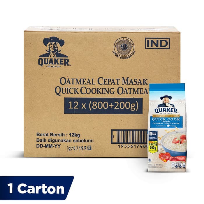 

Quaker Quick Cooking Oatmeal Large Pack 800g+200g [1 Carton - 12 Pcs]