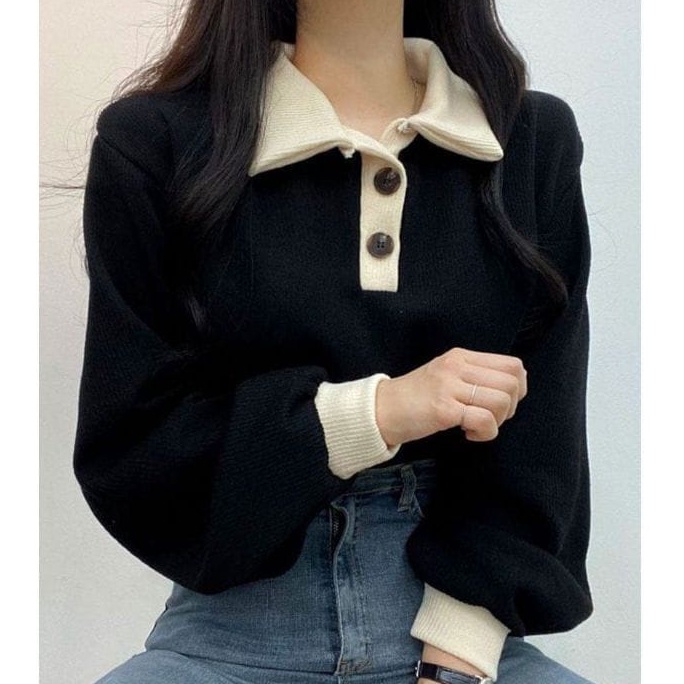 sweater wanita - Collar Girl Sweater Oversize - sweeter wanita korean style