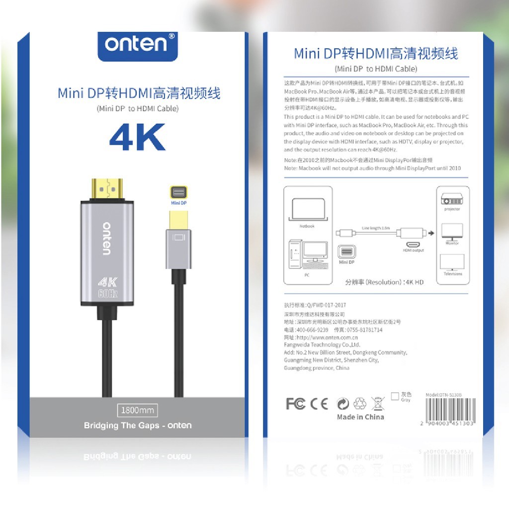 ONTEN OTN-5130B - MiniDisplay MiniDP to 4K HDMI Cable - Thunderbolt 2 Compatible