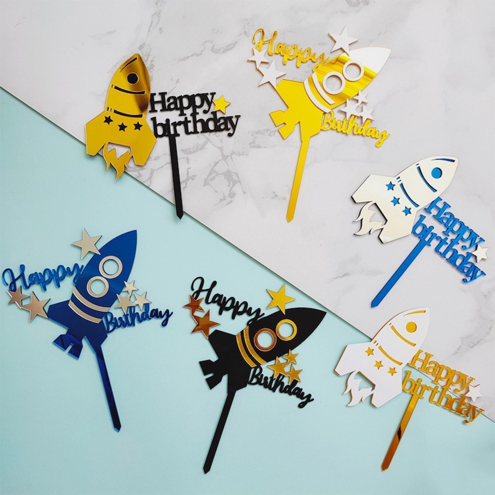 【TK】Creative Acrylic Rocket Cake Topper Diy Happy Birthday Cake Toppers Dessert Decoration For Kids Birthday Party