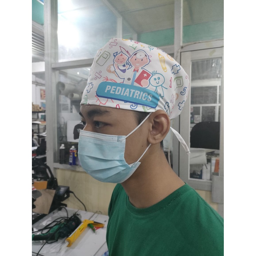 Headcap Motif PEDIATRICS / headcap bedah / headcaptain dokter / topi bedah bermotif / topi dokter / 