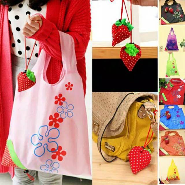 Tas Lipat Belanja Strawberry / Shopping Bag Waterproof / Reusable Bag Tas Lipat Bahan Parasut